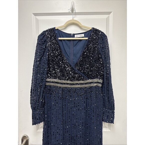 Mac Duggal Size 12 Navy 93593 Sequined V Neck Bishop Sleeve Midi Cocktail Dress - Picture 5 of 13